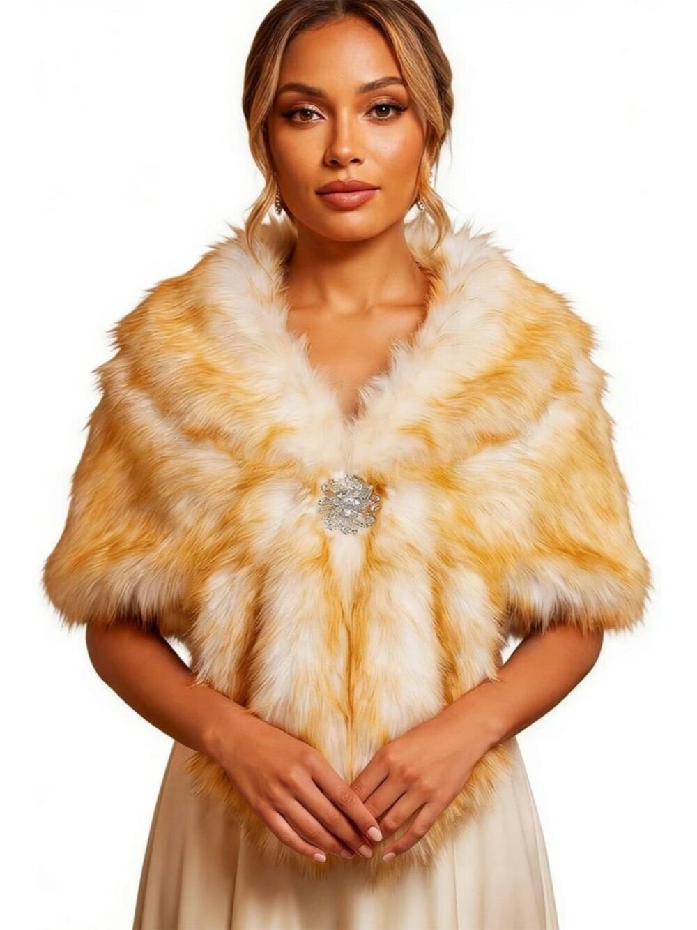 Women's White-champag Faux Fur Shawl Rhinestones Brooch Stylish Wraps and Shawls